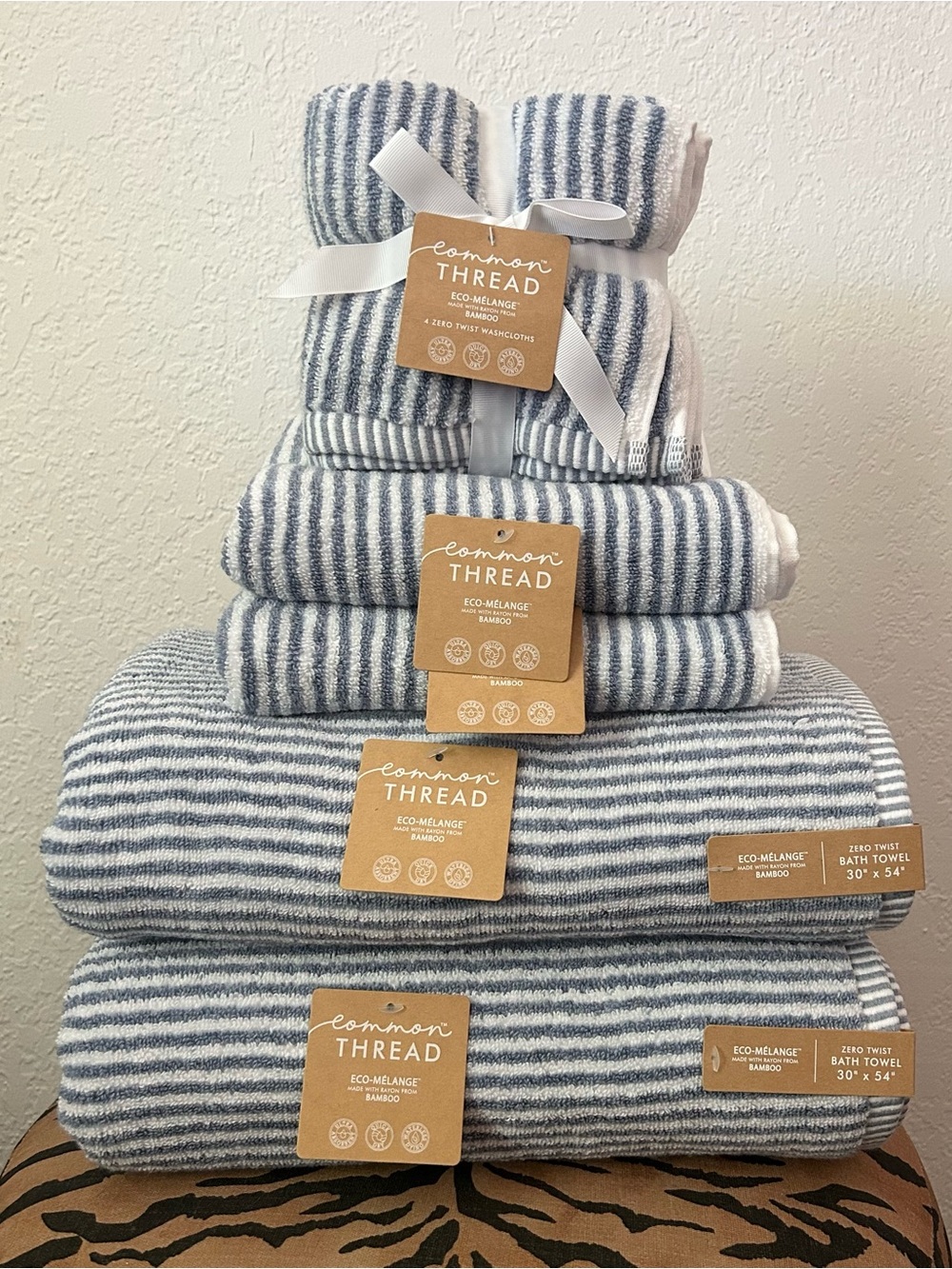 NWT Common Thread Eco-Melange Bamboo ZeroTwist MiniStripe 8-Piece Bath Towel Set